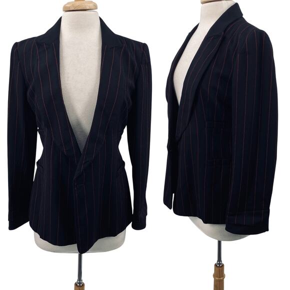 State of Claude Montana Blazer Wool Pinstripe Open Front Black Red Womens 8 42 - Picture 1 of 13